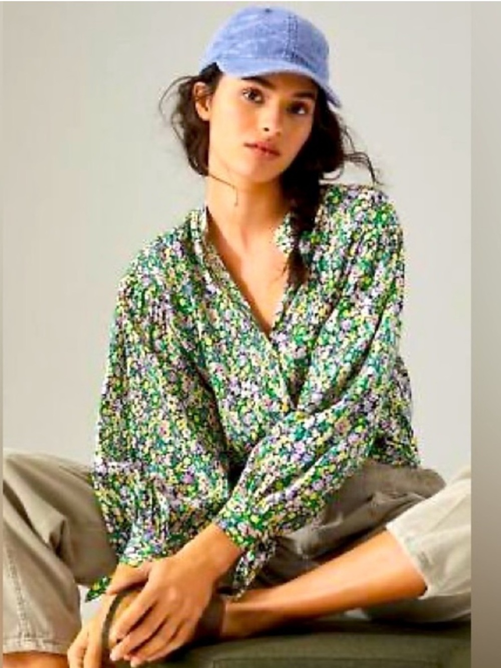 Anthropologie Maeve Women’s Ashleigh Puff Sleeve Floral Top Green Size-Medium